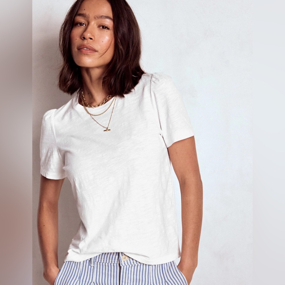 Boden Cotton Puff Sleeve T-Shirt White Size Small Straight Fit | T1511